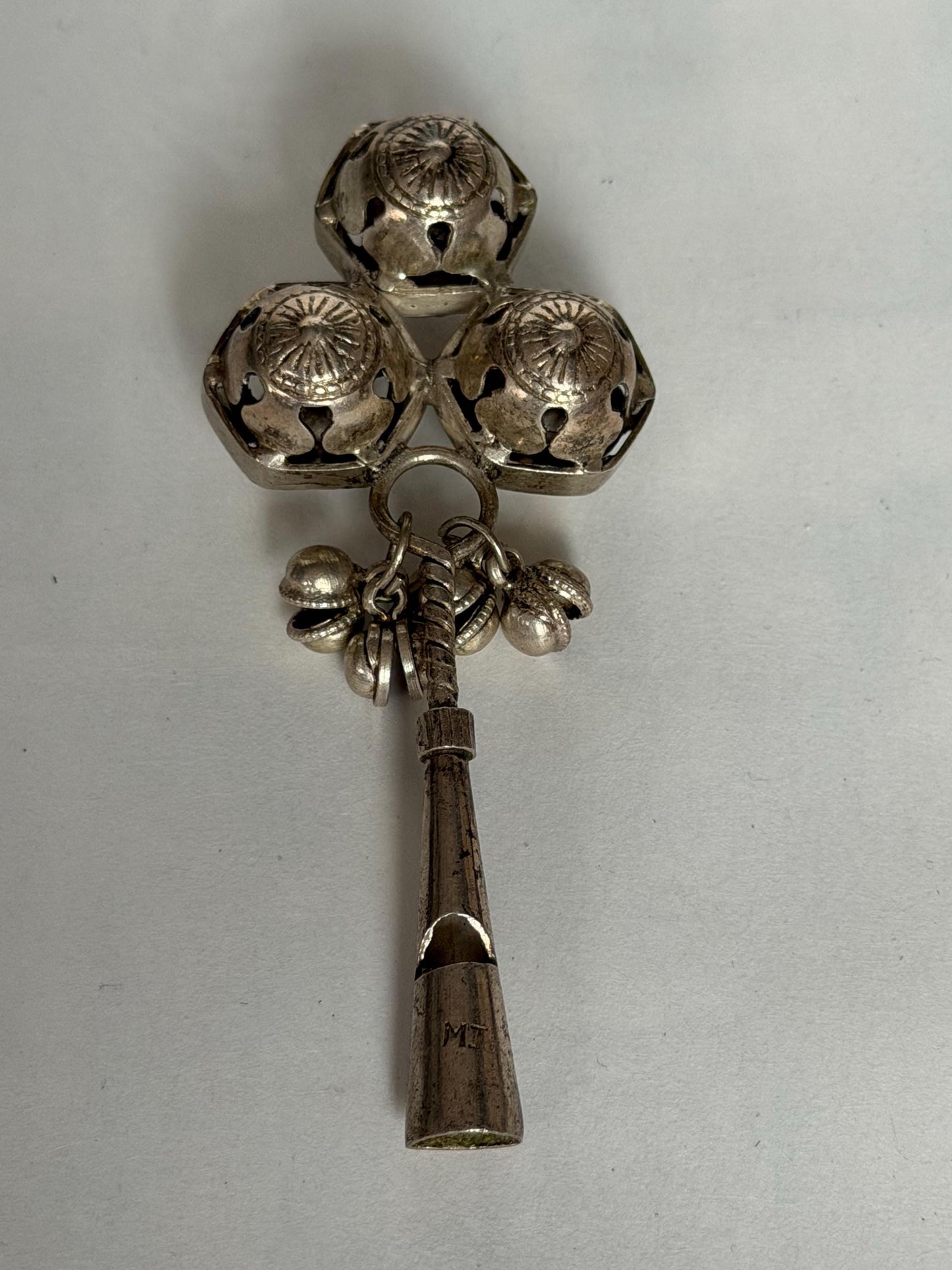 Antique European Silver Baby Rattle flute Three Bells 19th Century baby Toy nursey child shower giftbaby