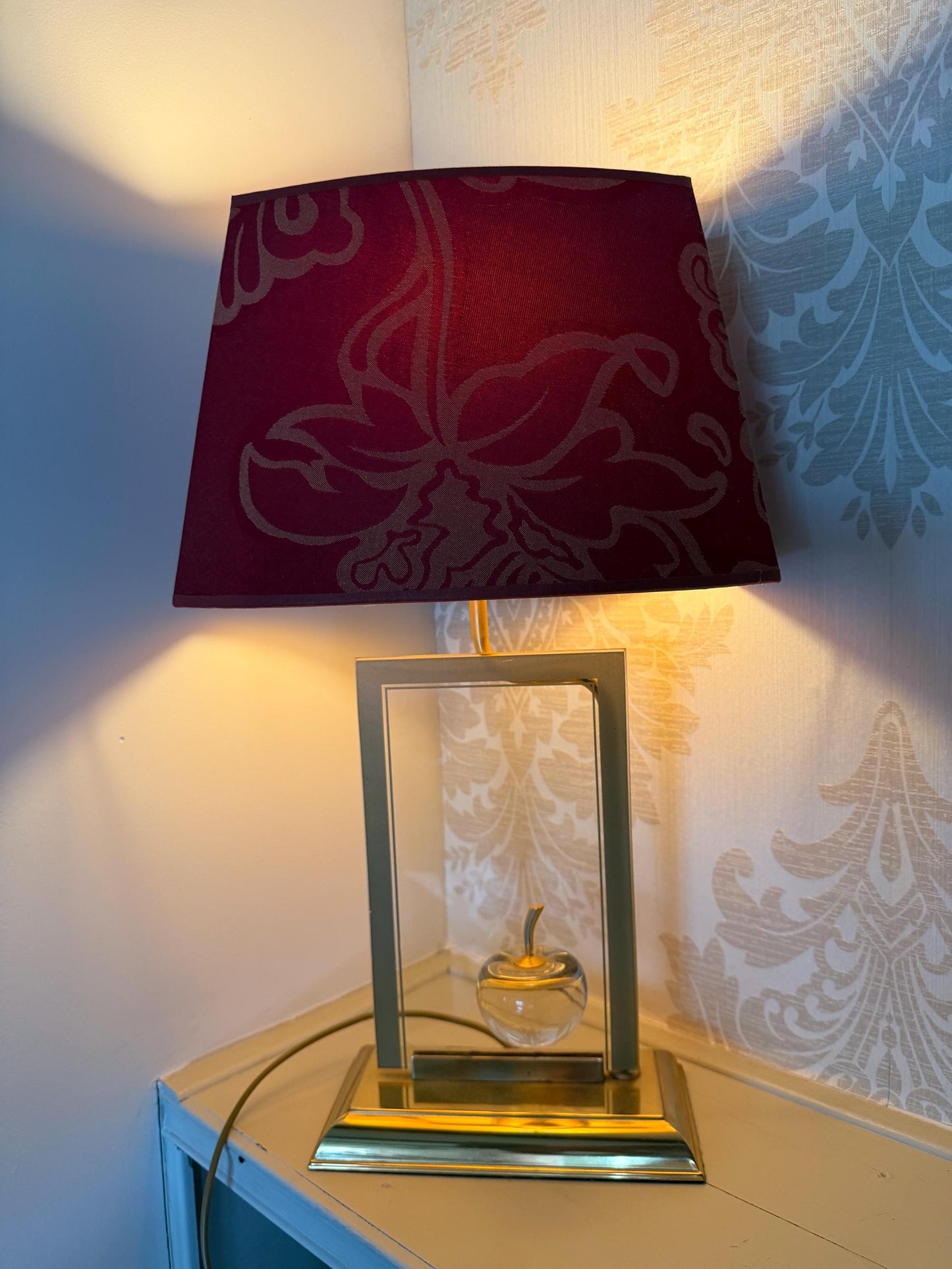 Le Dauphin France Brass Table designer Lamp with Sculptural Glass Apple and Original Shade 1980s, Maurice Tournu, Maison Dauphin