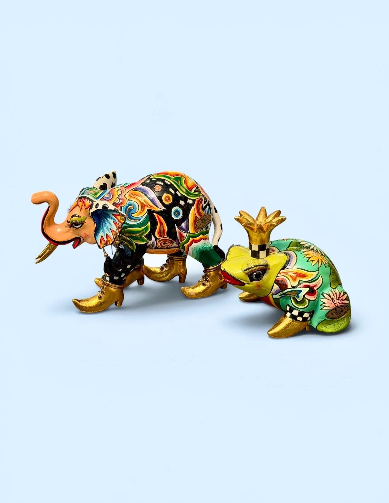 Tom’s Drag designer objects, Retired fancy Elephant & prince Frog Figurines – Hand Painted Collectible Figures by Tom Hoffmann
