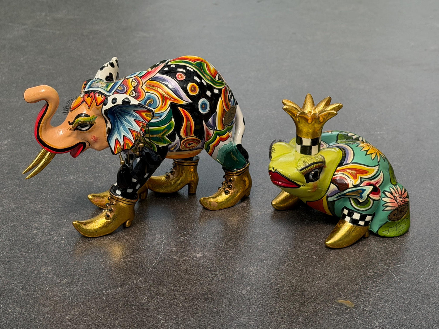 Tom’s Drag designer objects, Retired fancy Elephant & prince Frog Figurines – Hand Painted Collectible Figures by Tom Hoffmann
