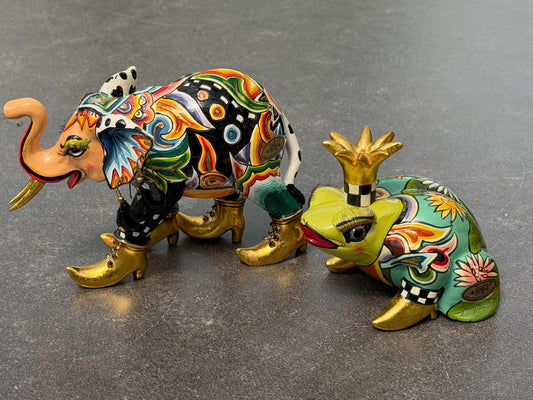Tom’s Drag designer objects, Retired fancy Elephant & prince Frog Figurines – Hand Painted Collectible Figures by Tom Hoffmann
