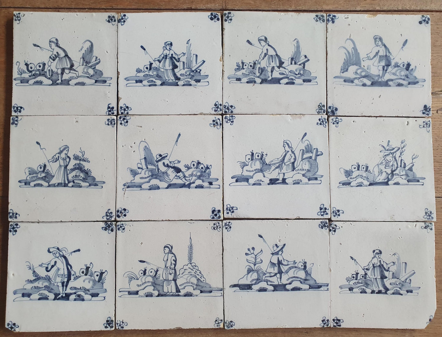 12 x Antique Delft Tiles, 18th Century Dutch Shepherd Scene landscapetile.
