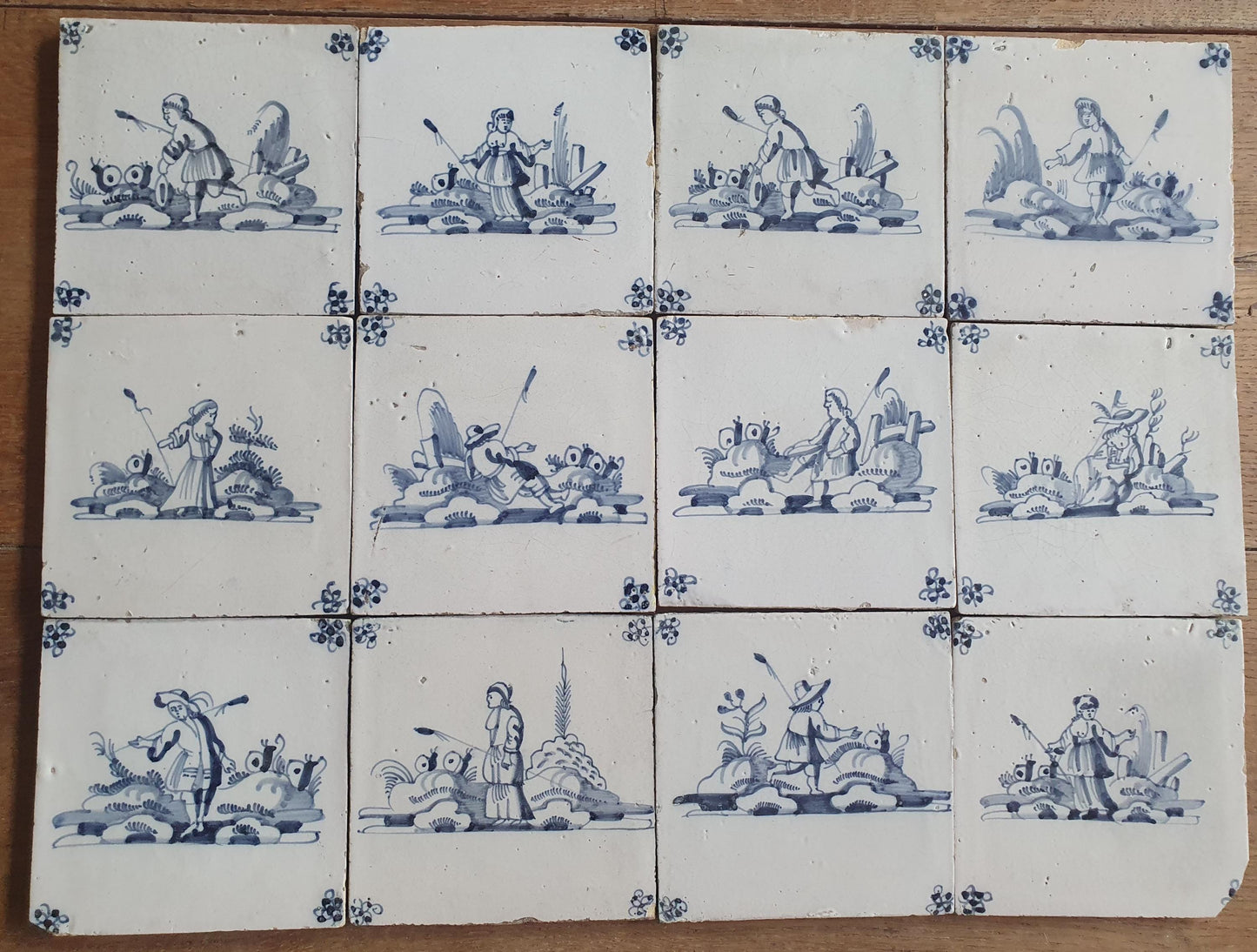 12 x Antique Delft Tiles, 18th Century Dutch Shepherd Scene landscapetile.