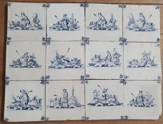 12 x Antique Delft Tiles, 18th Century Dutch Shepherd Scene landscapetile.