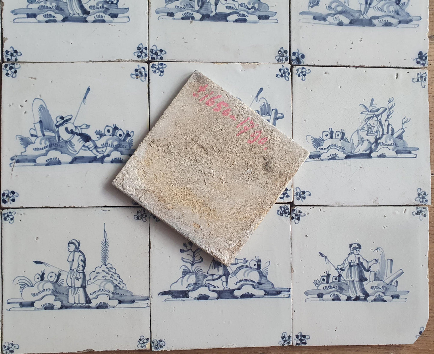 12 x Antique Delft Tiles, 18th Century Dutch Shepherd Scene landscapetile.