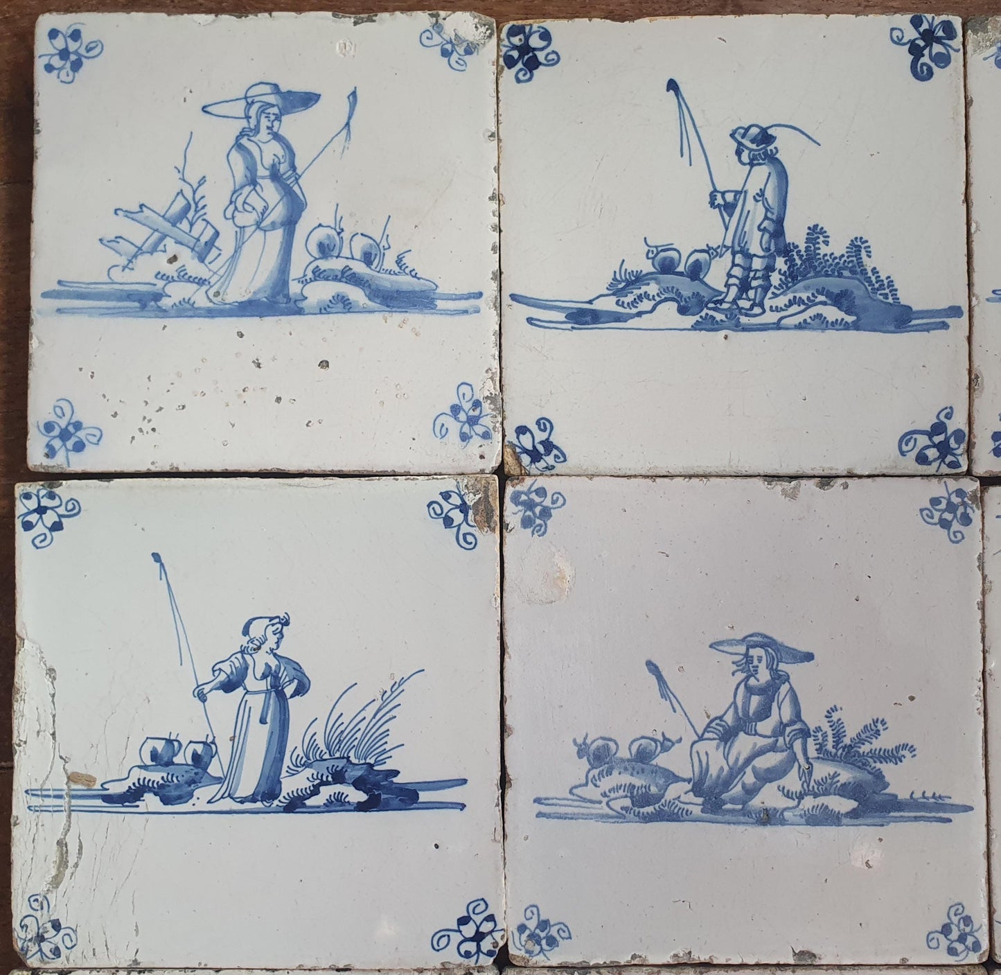 9 x Antique Delft Tiles, 18th Century Dutch Shepherd Scene landscapetile.