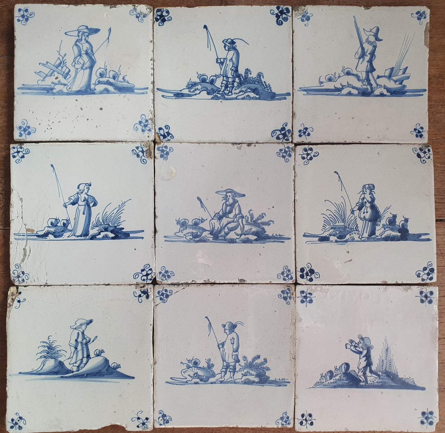 9 x Antique Delft Tiles, 18th Century Dutch Shepherd Scene landscapetile.