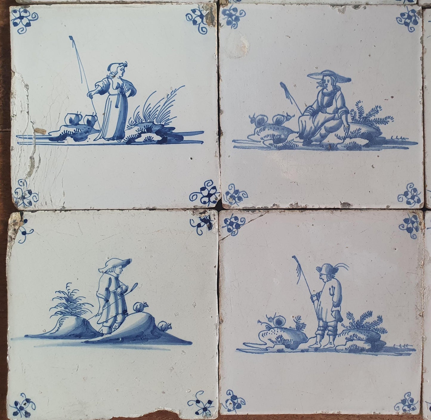 9 x Antique Delft Tiles, 18th Century Dutch Shepherd Scene landscapetile.