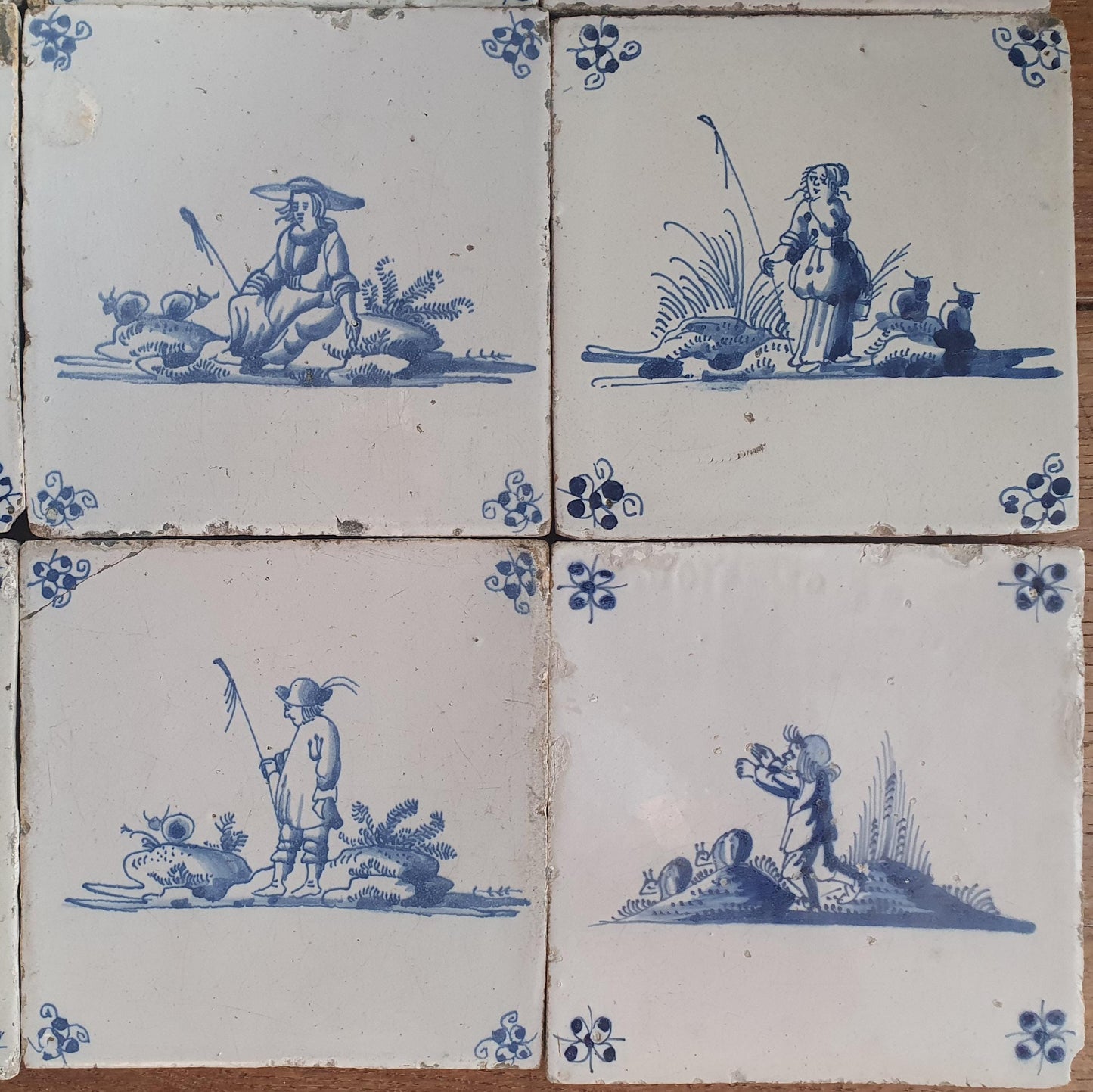 9 x Antique Delft Tiles, 18th Century Dutch Shepherd Scene landscapetile.