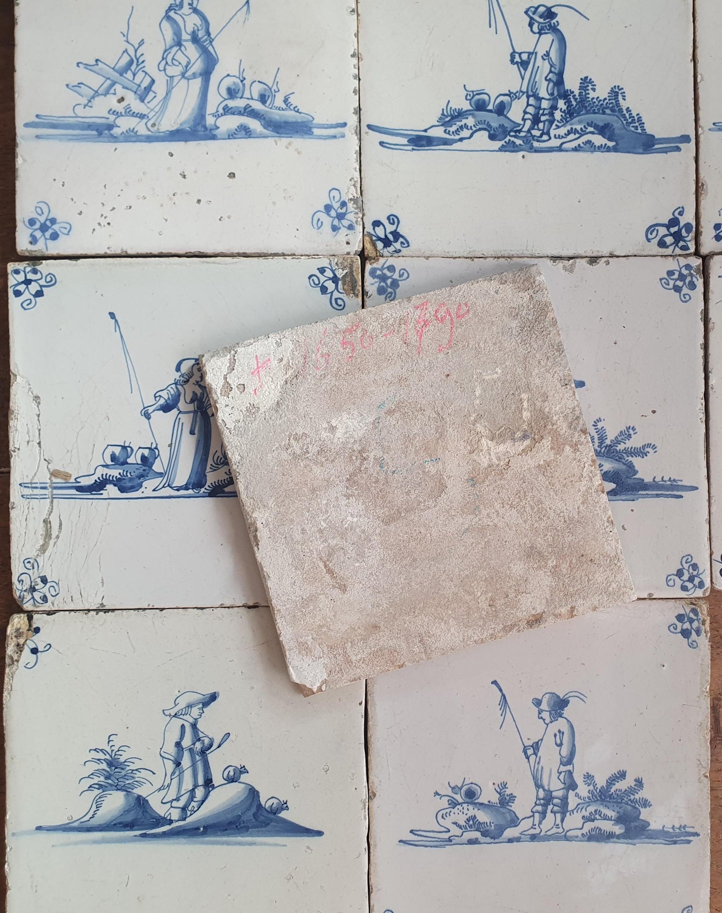 9 x Antique Delft Tiles, 18th Century Dutch Shepherd Scene landscapetile.