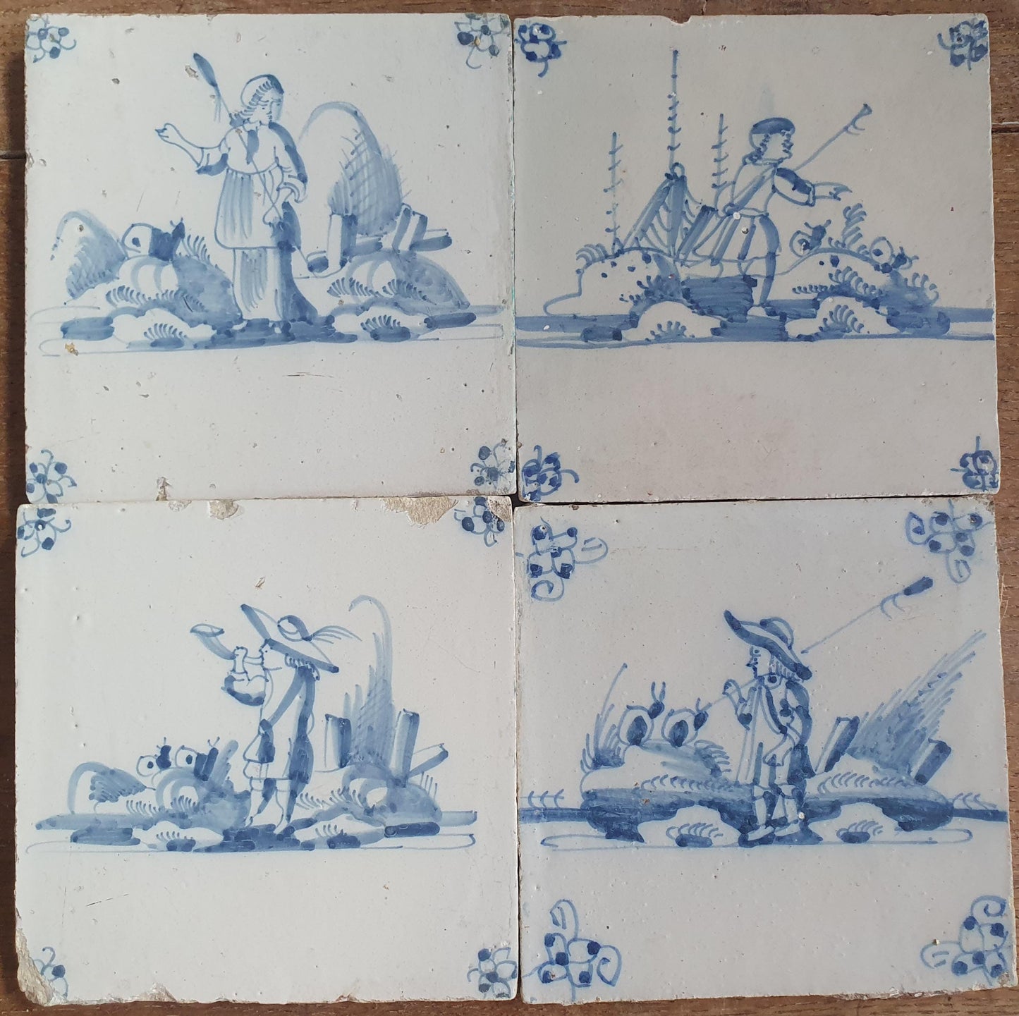4 x Antique Delft Tiles, 18th Century Dutch Shepherd Scene landscapetile.