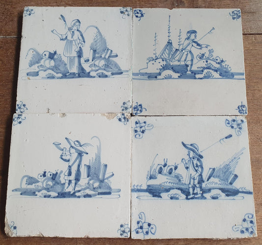 4 x Antique Delft Tiles, 18th Century Dutch Shepherd Scene landscapetile.