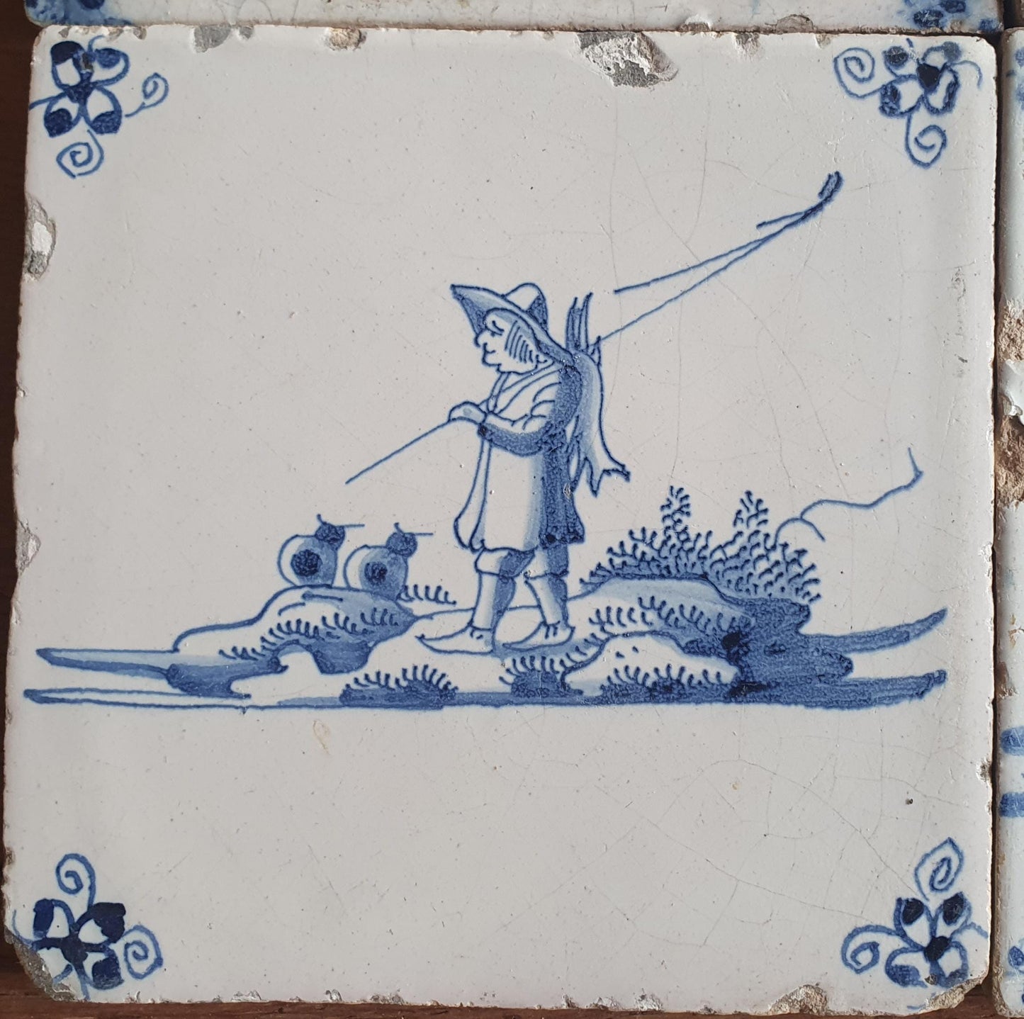 4 x Antique Delft Tiles, 18th Century Dutch Shepherd Scene landscapetile.