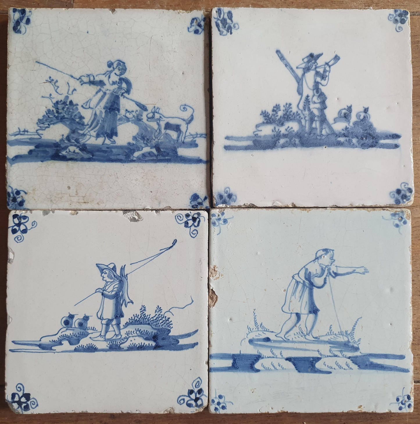 4 x Antique Delft Tiles, 18th Century Dutch Shepherd Scene landscapetile.