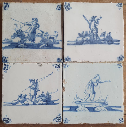 4 x Antique Delft Tiles, 18th Century Dutch Shepherd Scene landscapetile.