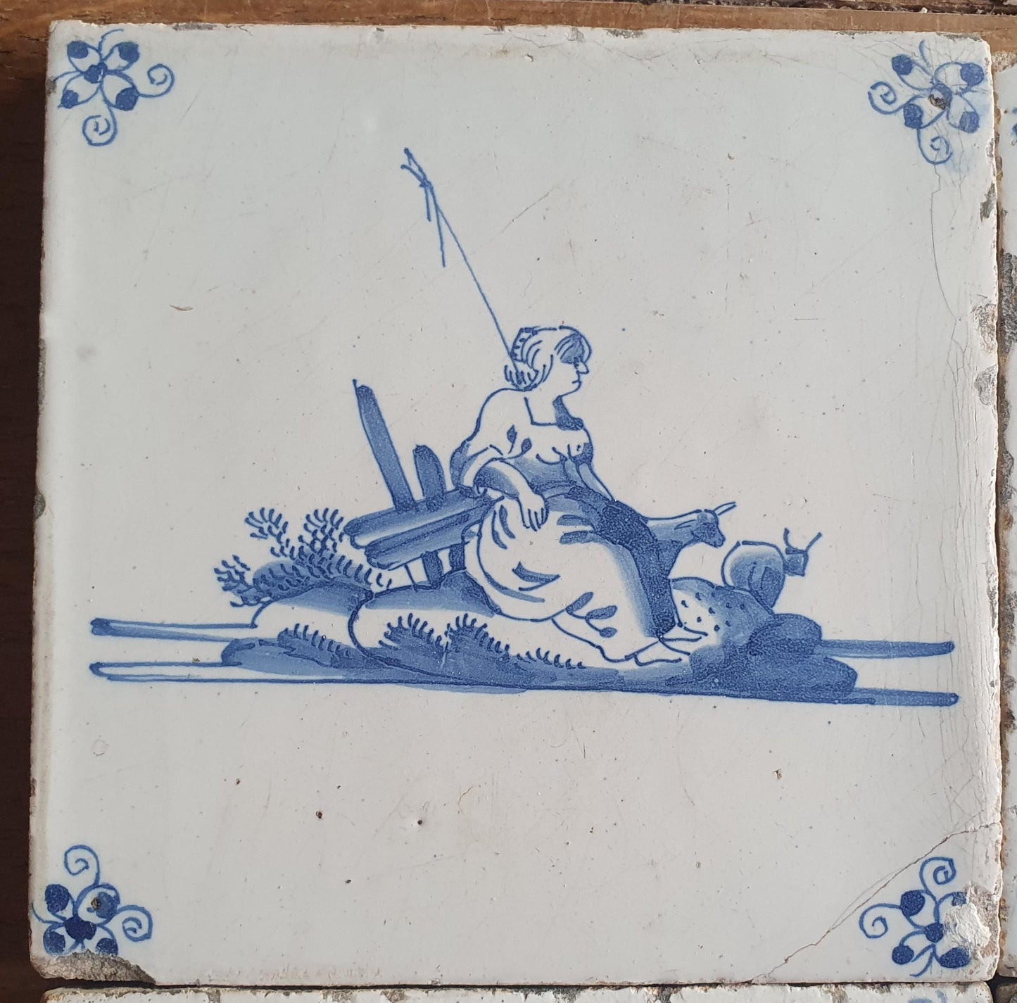 4 x Antique Delft Tiles, 18th Century Dutch Shepherd Scene landscapetile.