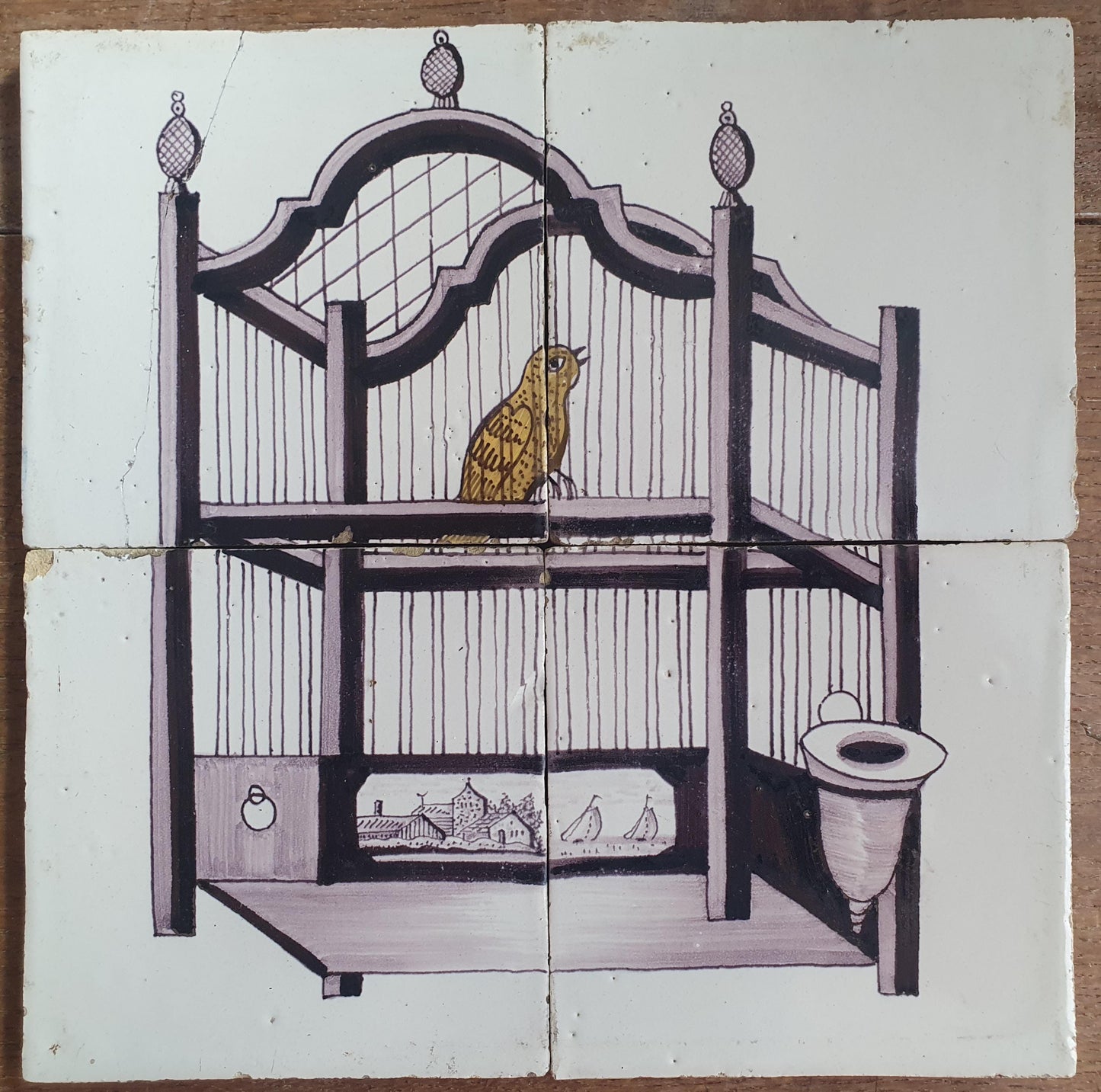 1 x Antique Delft Tiles, 19th Century Dutch tilepanel with canary and cage .