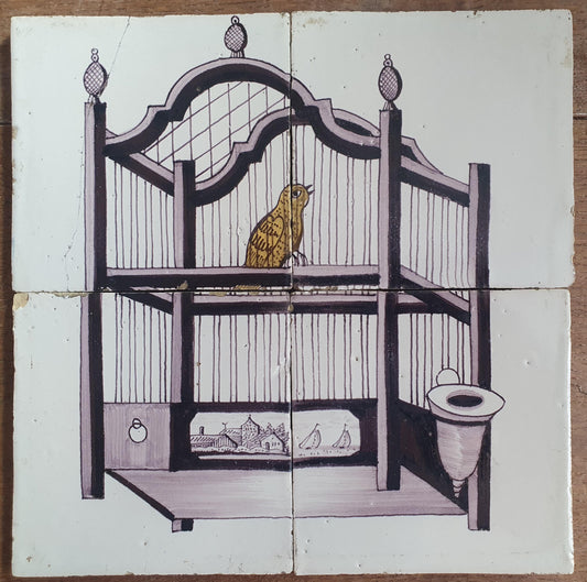 1 x Antique Delft Tiles, 19th Century Dutch tilepanel with canary and cage .