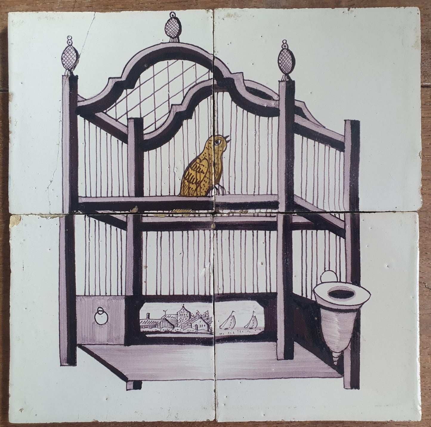 1 x Antique Delft Tiles, 19th Century Dutch tilepanel with canary and cage .