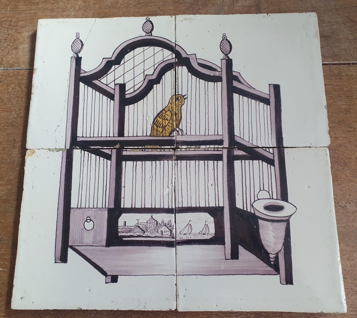 1 x Antique Delft Tiles, 19th Century Dutch tilepanel with canary and cage .