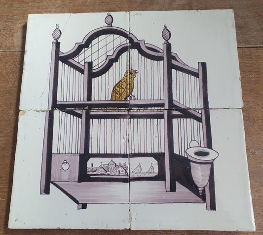 1 x Antique Delft Tiles, 19th Century Dutch tilepanel with canary and cage .
