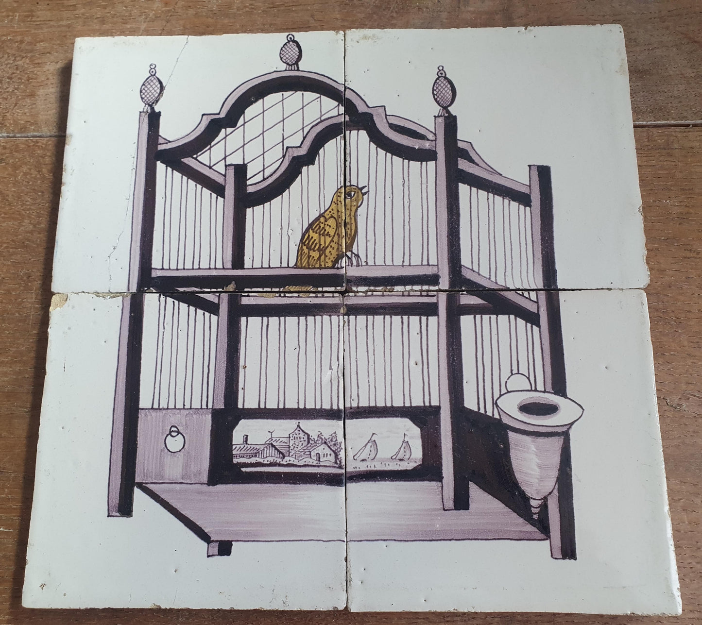 1 x Antique Delft Tiles, 19th Century Dutch tilepanel with canary and cage .