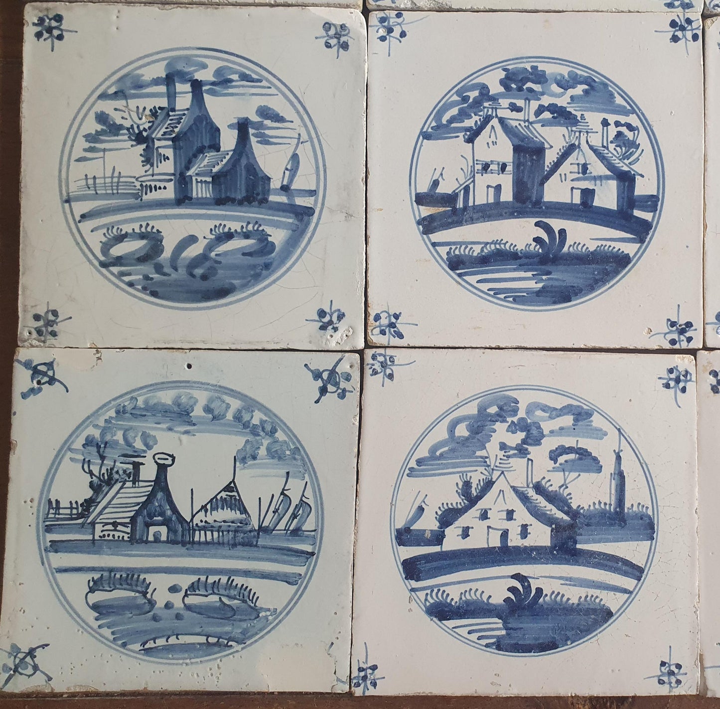 12 x Antique Delft Tiles, 18th Century Dutch  Scene landscapetile.