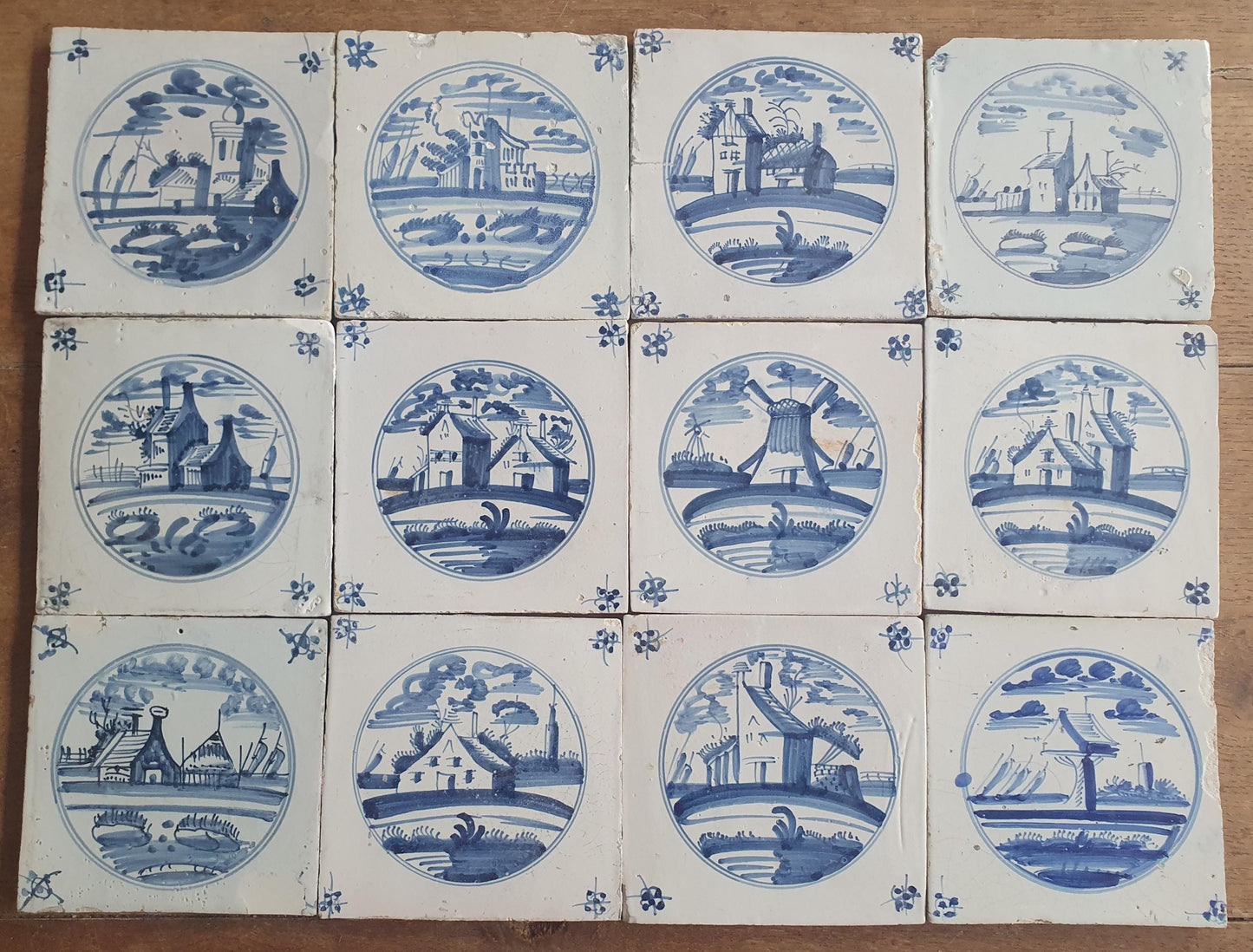 12 x Antique Delft Tiles, 18th Century Dutch  Scene landscapetile.