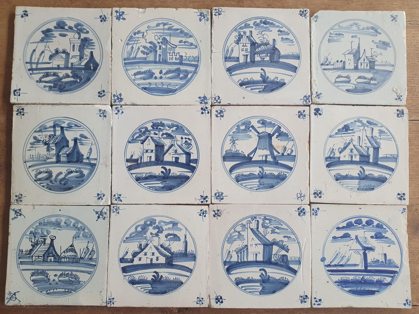 12 x Antique Delft Tiles, 18th Century Dutch  Scene landscapetile.