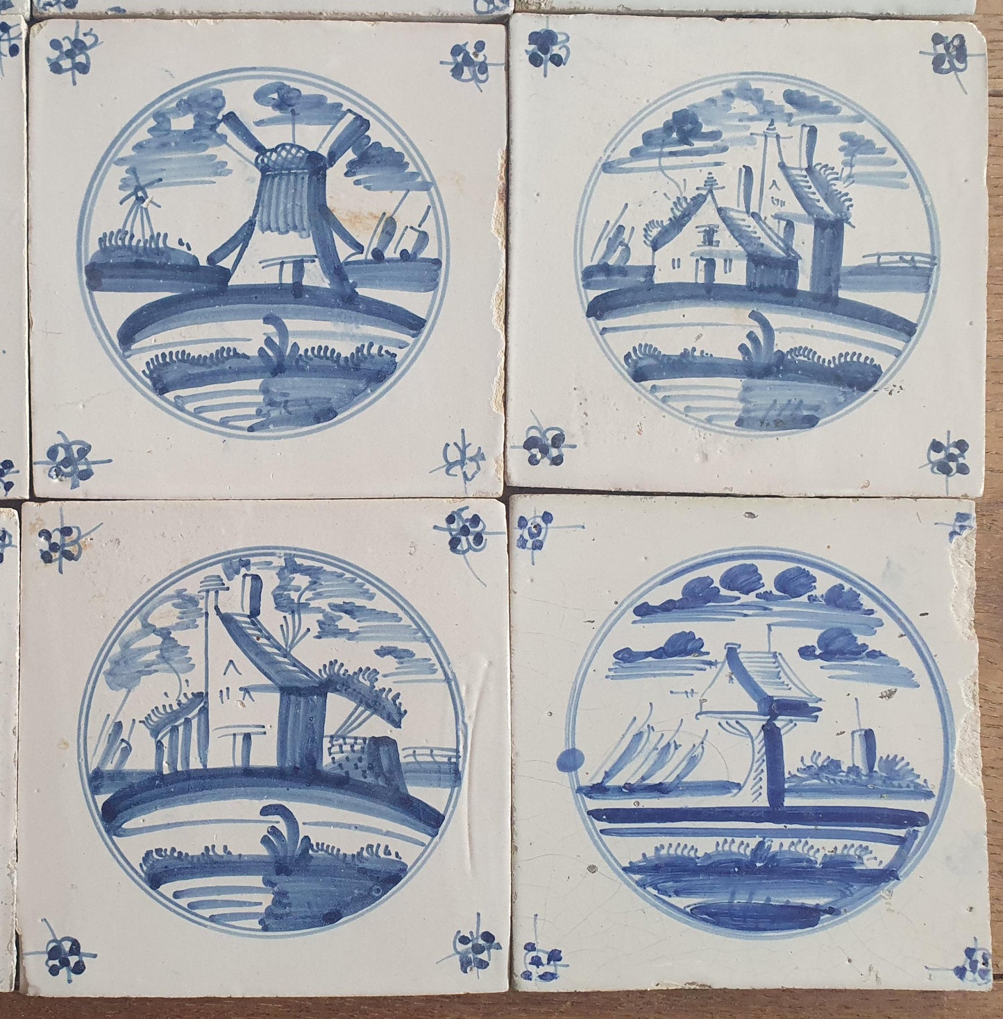12 x Antique Delft Tiles, 18th Century Dutch  Scene landscapetile.