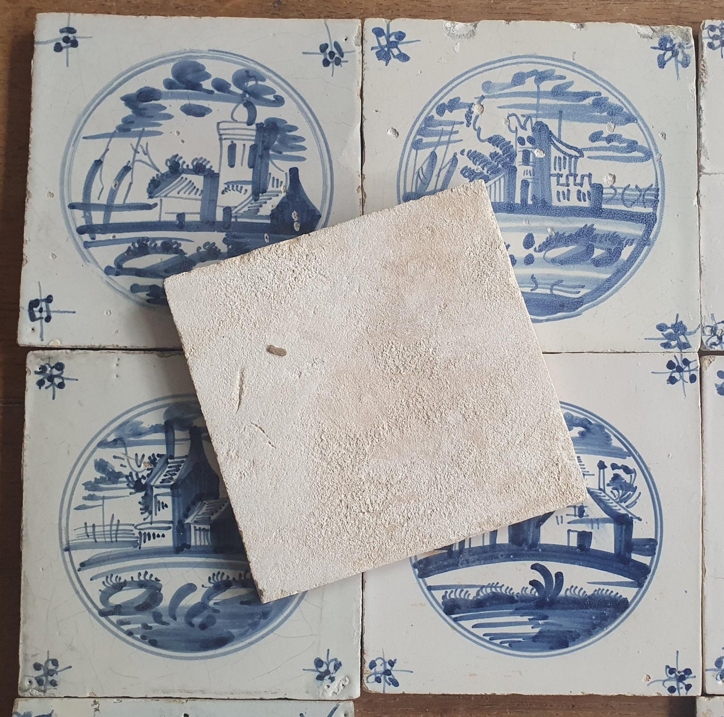 12 x Antique Delft Tiles, 18th Century Dutch  Scene landscapetile.