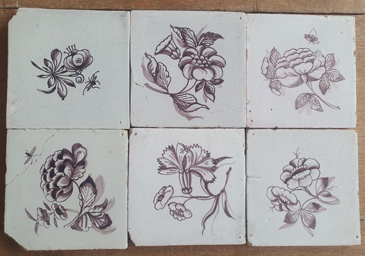 6 x Antique Delft Tiles, 19th Century Dutch mangane flowers tiles planttile.