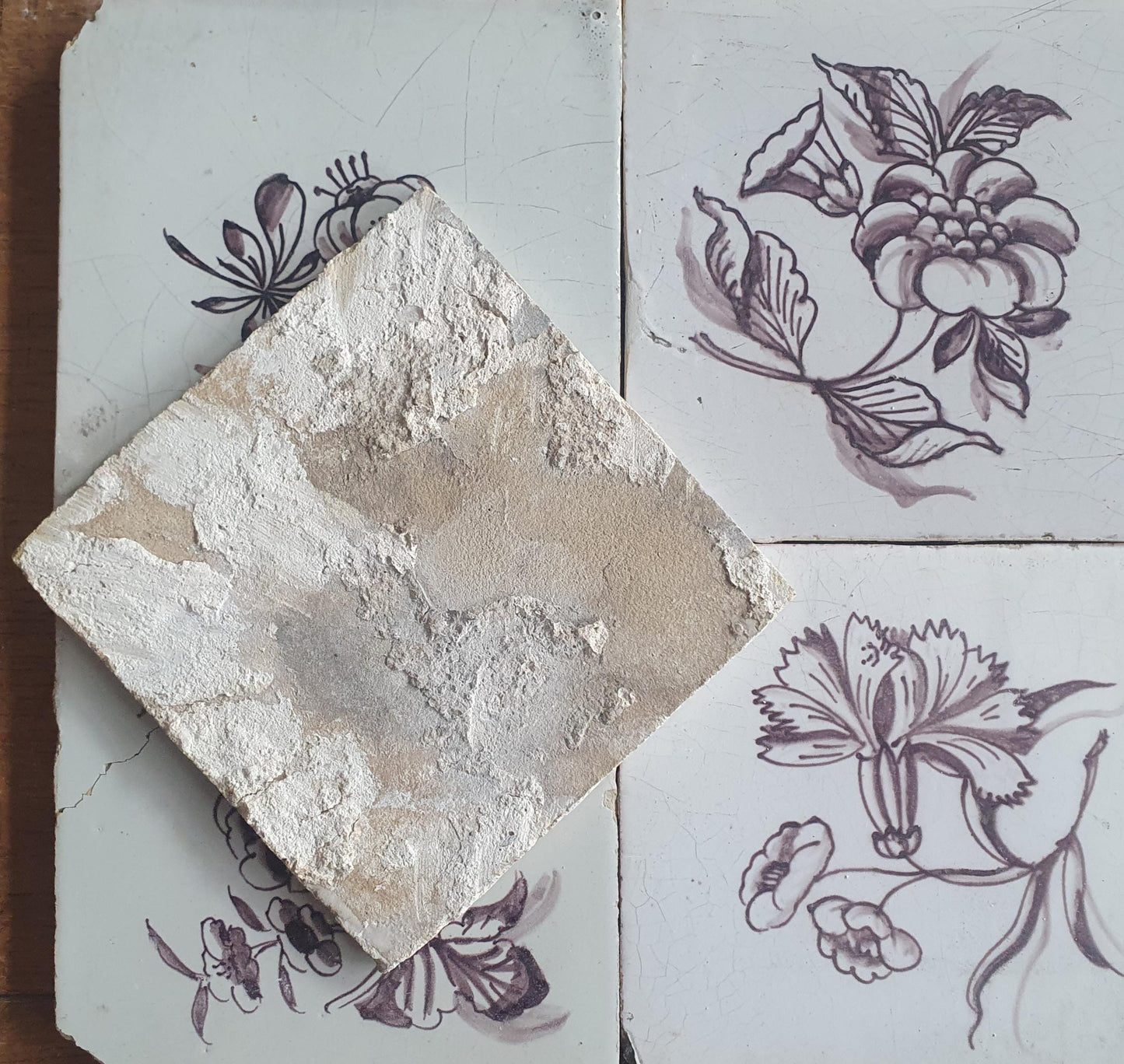 6 x Antique Delft Tiles, 19th Century Dutch mangane flowers tiles planttile.