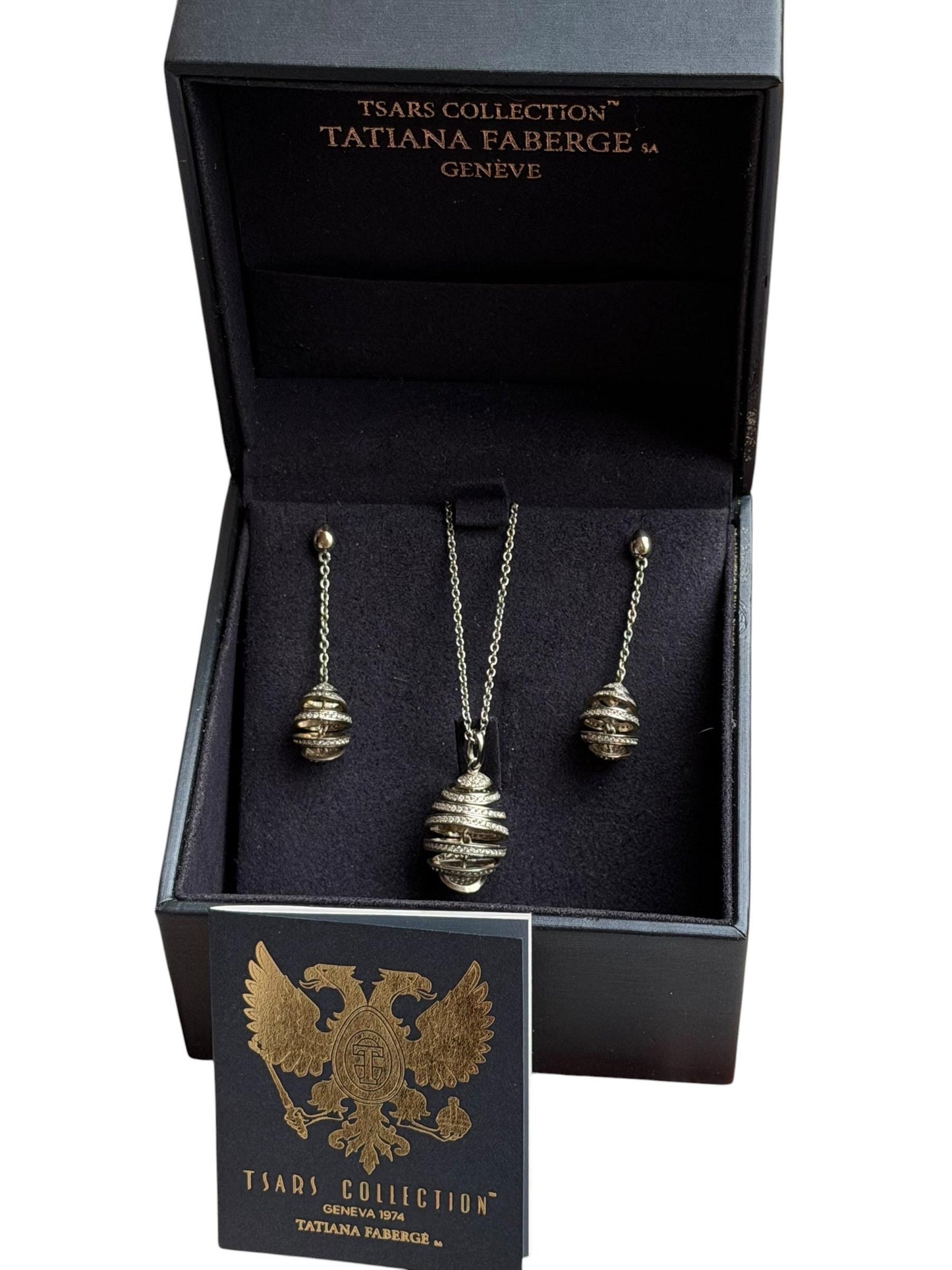 Fabergé Egg Sterling Silver set Earrings plus necklace , Tatiana Tsars Collection faberge 9nine ketting 45 cm