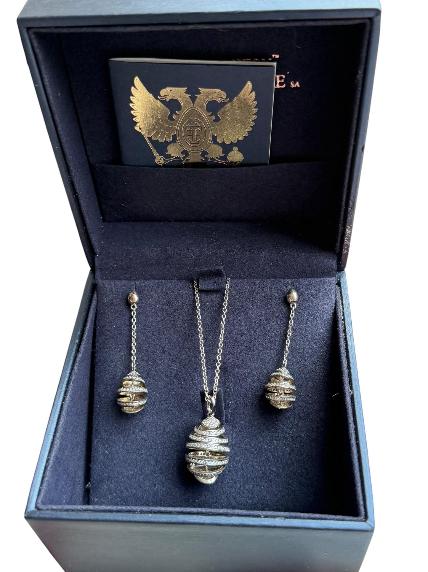 Fabergé Egg Sterling Silver set Earrings plus necklace , Tatiana Tsars Collection faberge 9nine ketting 45 cm