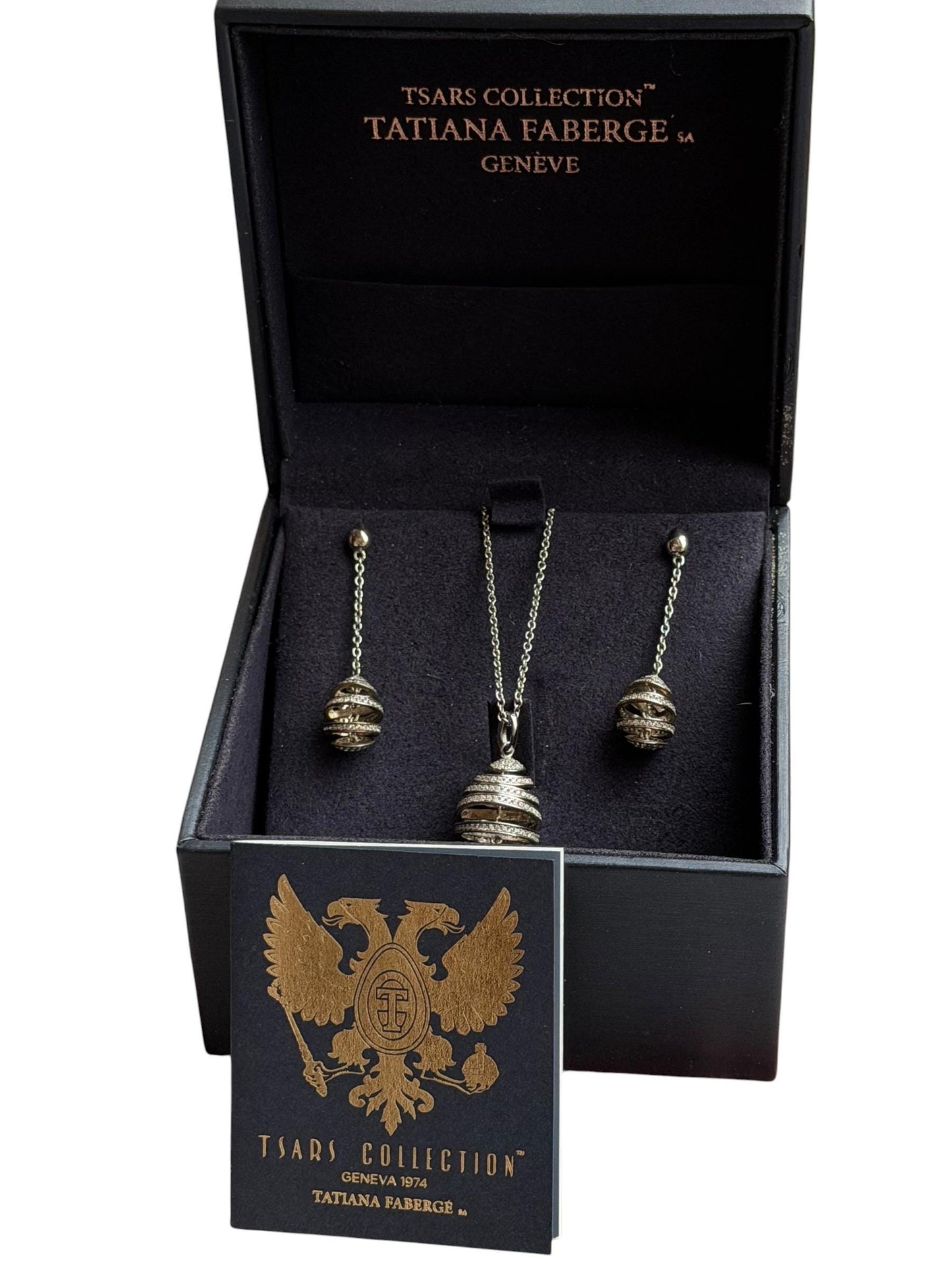 Fabergé Egg Sterling Silver set Earrings plus necklace , Tatiana Tsars Collection faberge 9nine ketting 45 cm
