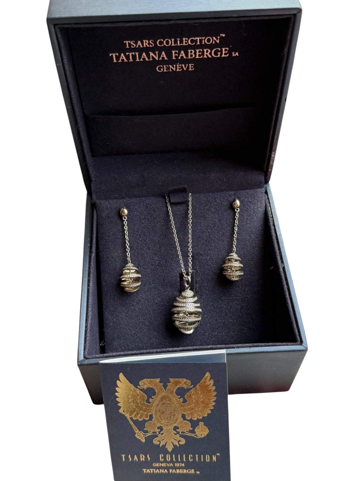 Fabergé Egg Sterling Silver set Earrings plus necklace , Tatiana Tsars Collection faberge 9nine ketting 45 cm