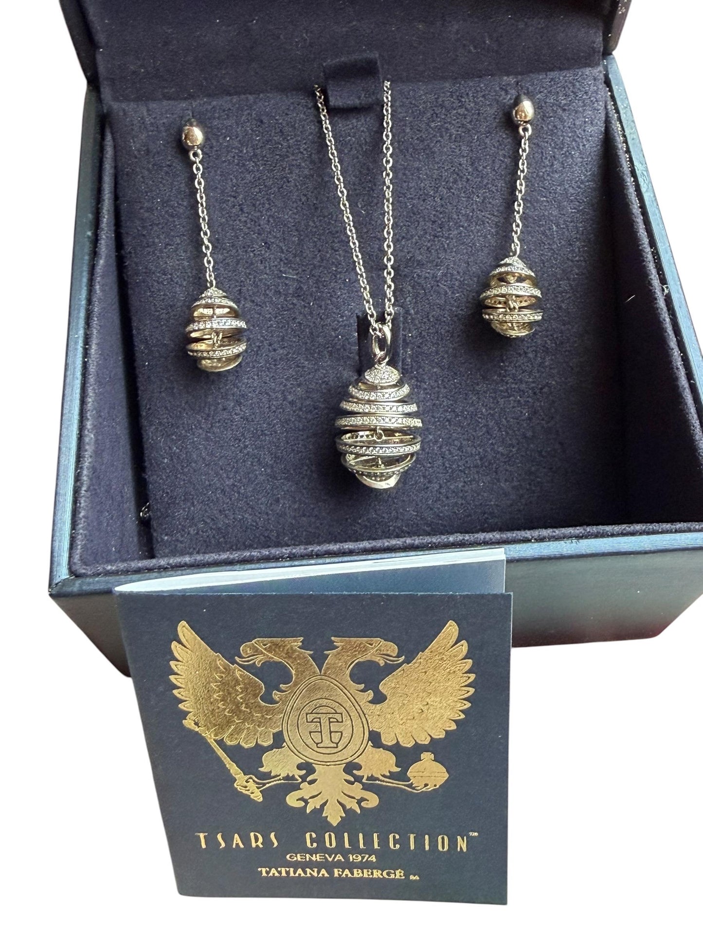 Fabergé Egg Sterling Silver set Earrings plus necklace , Tatiana Tsars Collection faberge 9nine ketting 45 cm