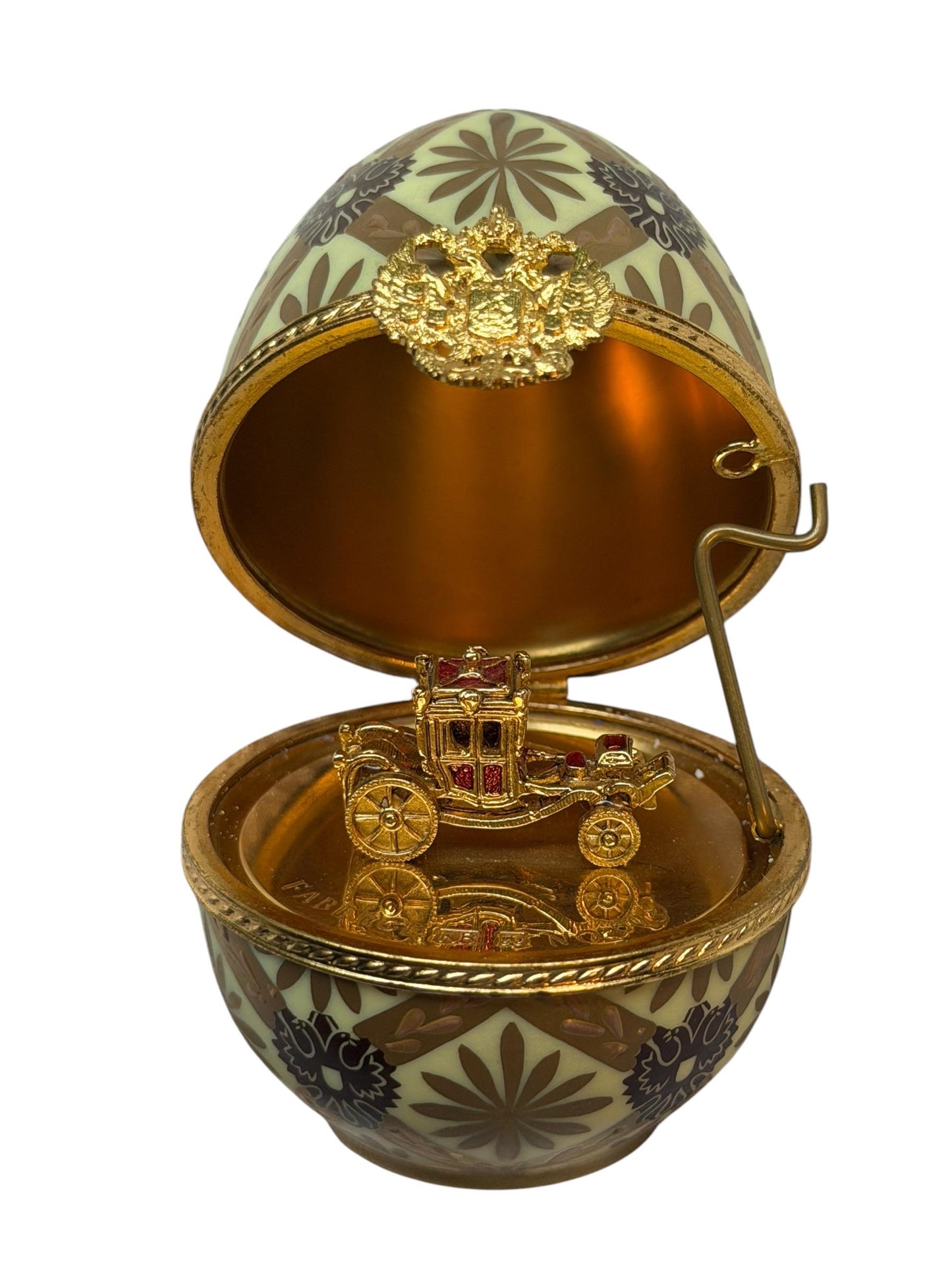 XL Fabergé Egg, Sterling Silver, 24K Gold, coach inside, Faberge with goldgilt and Limoges Porcelain, marked numbered