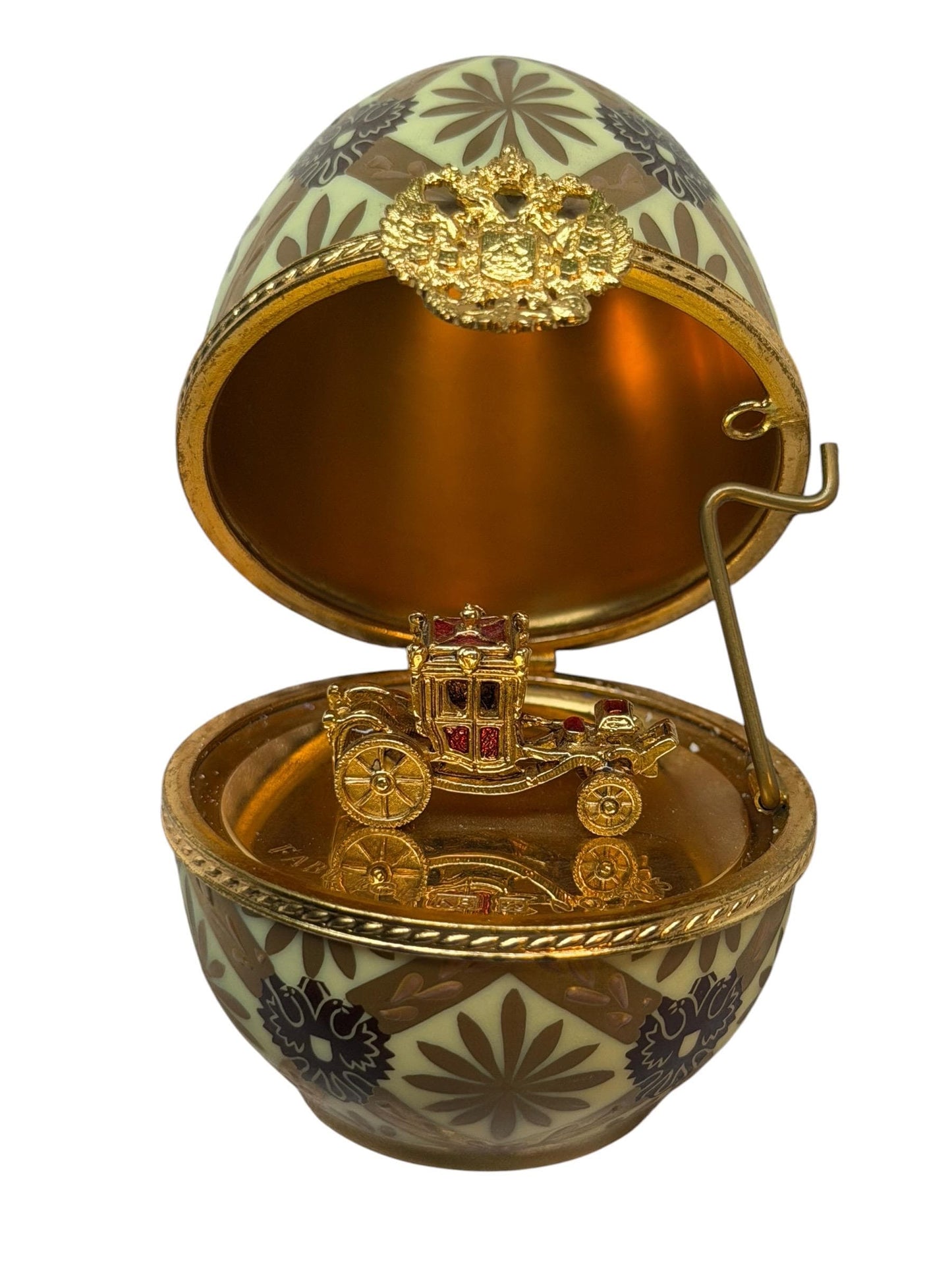 XL Fabergé Egg, Sterling Silver, 24K Gold, coach inside, Faberge with goldgilt and Limoges Porcelain, marked numbered