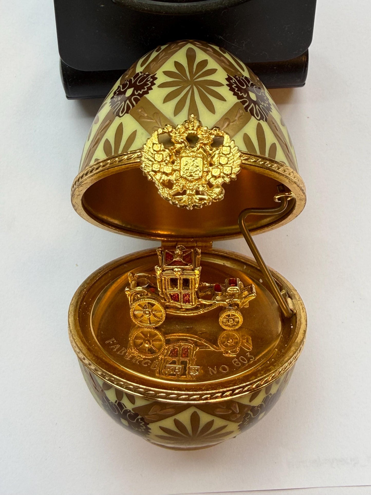 XL Fabergé Egg, Sterling Silver, 24K Gold, coach inside, Faberge with goldgilt and Limoges Porcelain, marked numbered