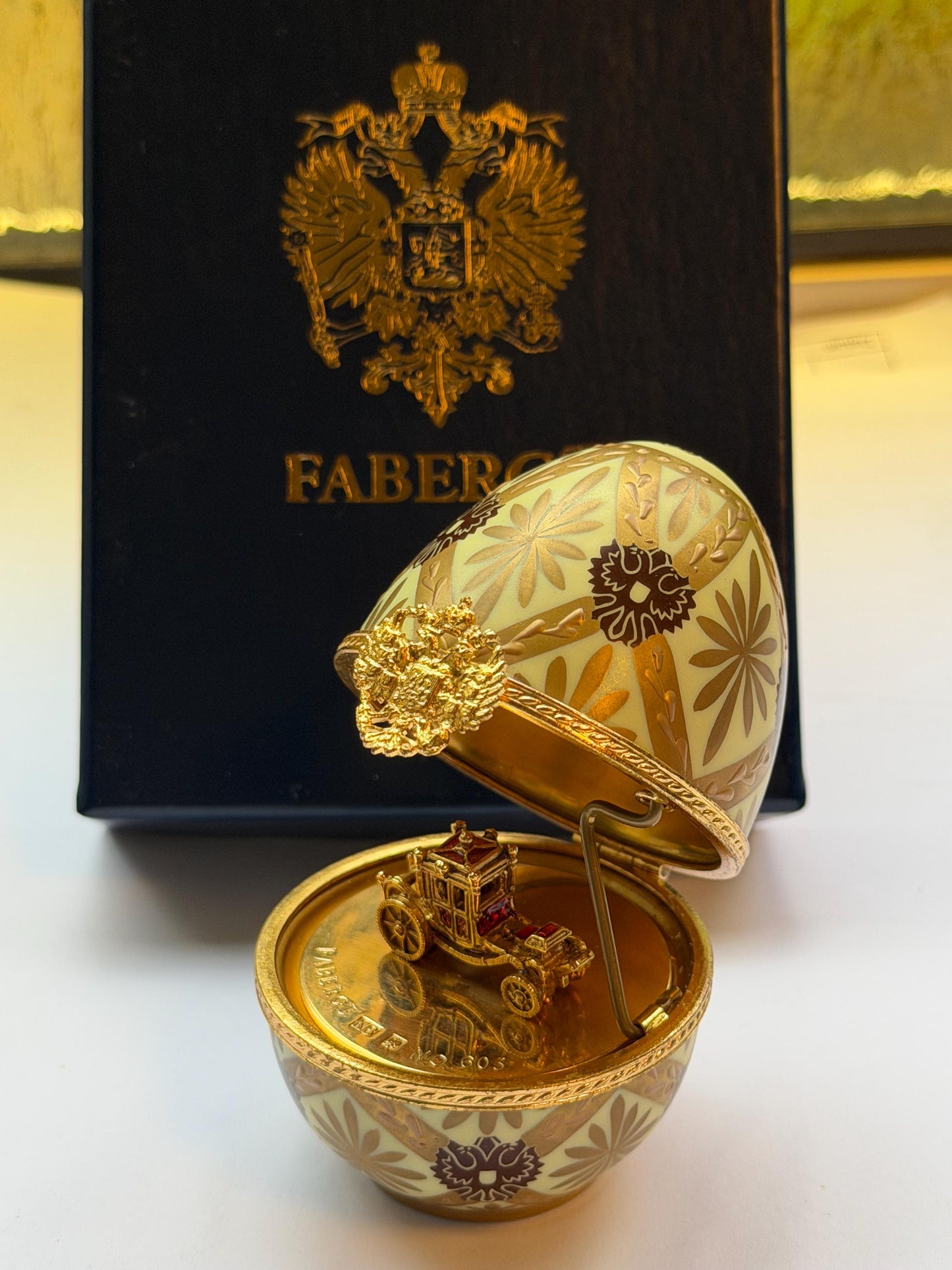 XL Fabergé Egg, Sterling Silver, 24K Gold, coach inside, Faberge with goldgilt and Limoges Porcelain, marked numbered