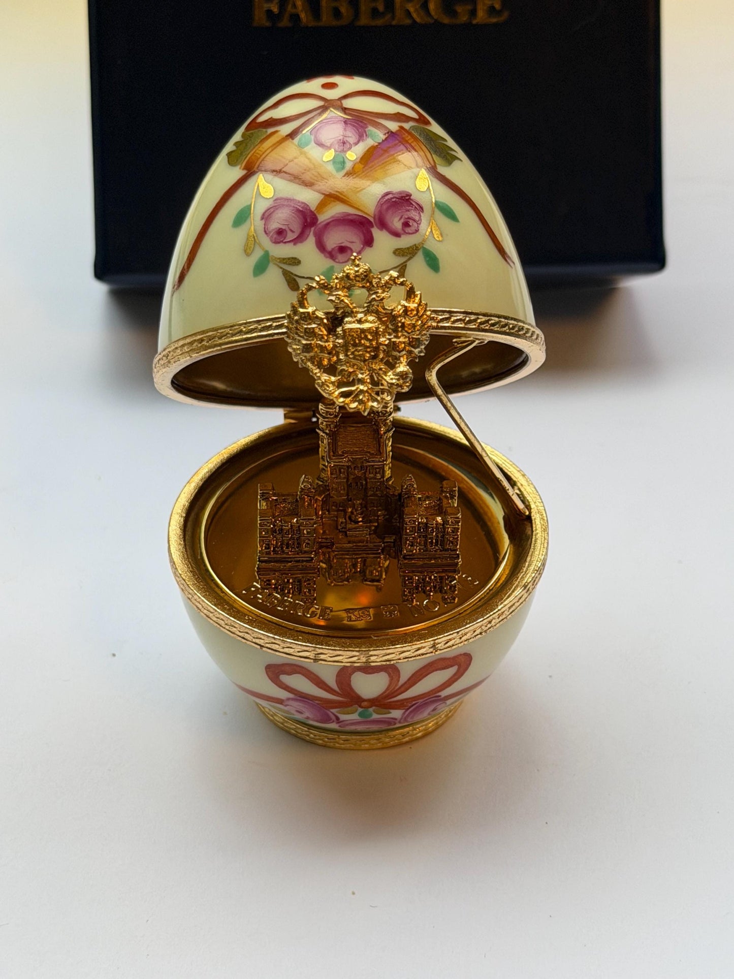 XL Fabergé Egg, Sterling Silver, 24K Gold, palace inside, Faberge with goldgilt and Limoges Porcelain, marked numbered