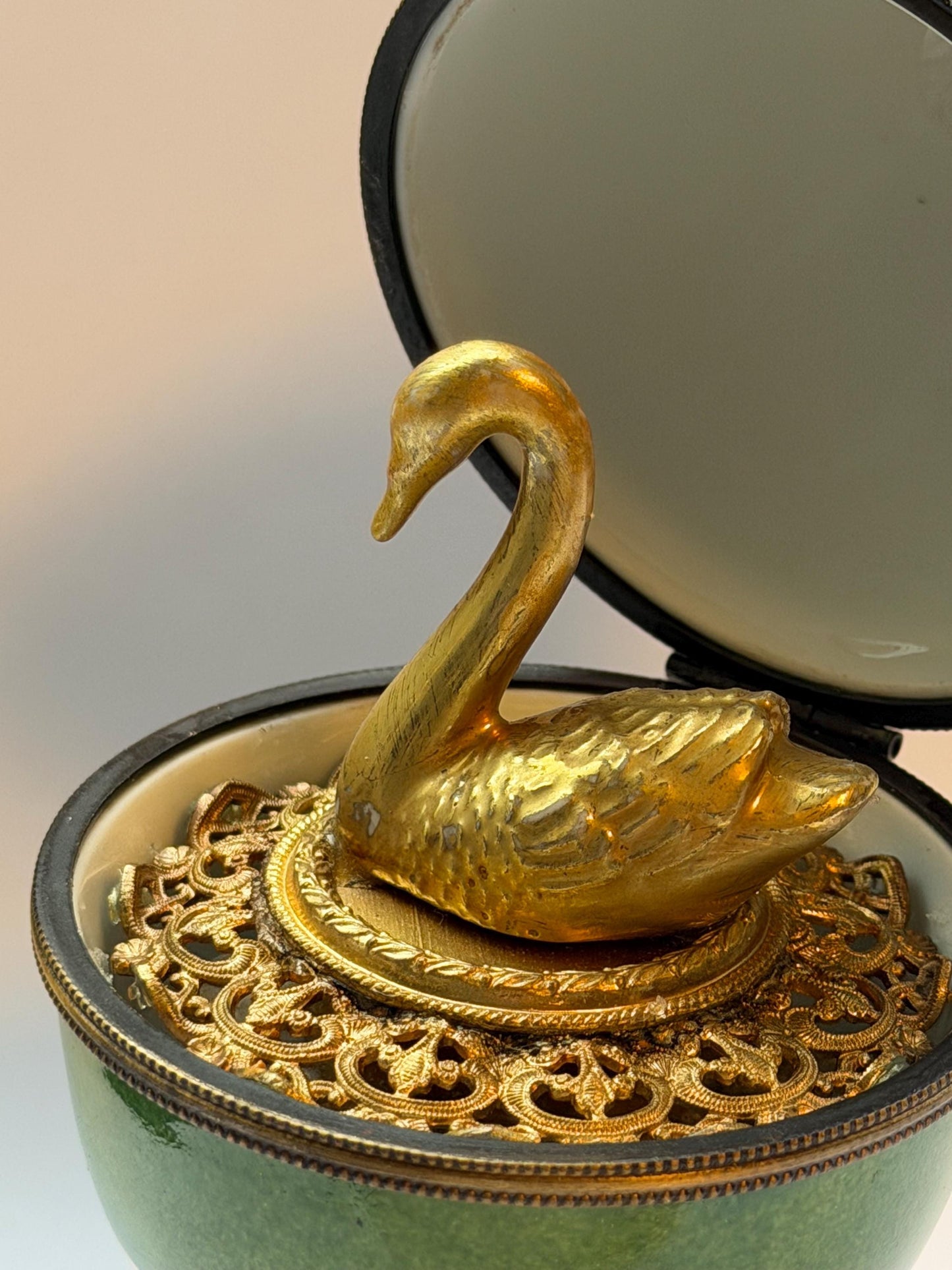 gilded porcelain musical egg w. gold swan, musicbox with Vintage Fabergé Style Egg Music Box with Hidden Trinket Compartment, vintage