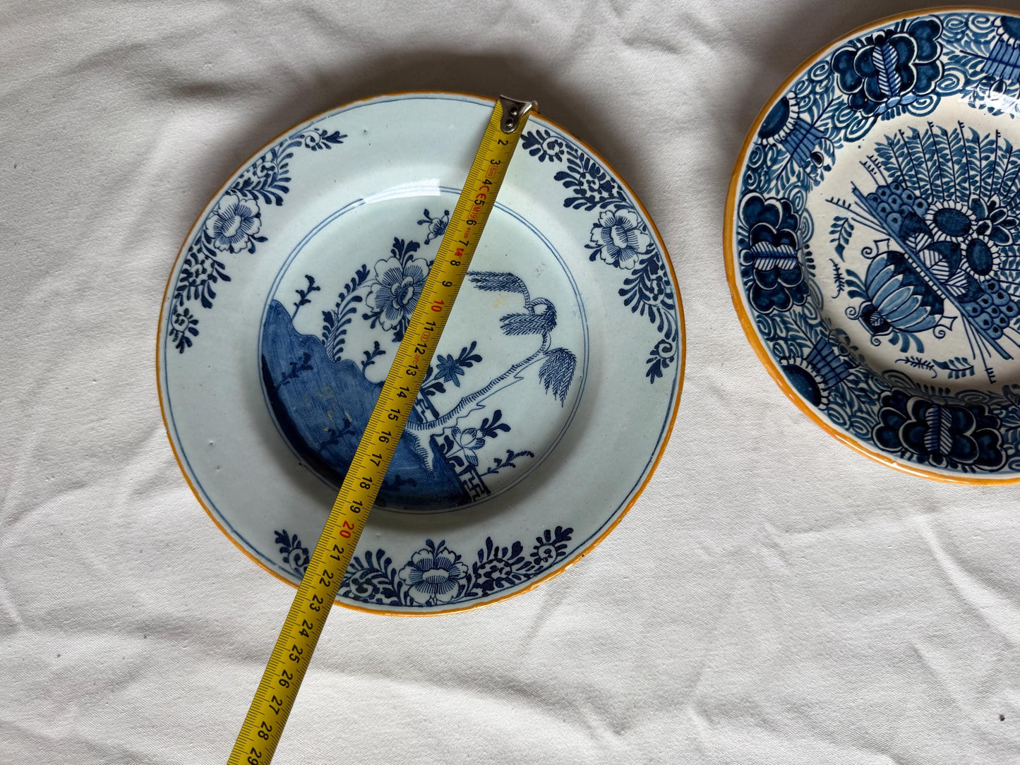 Antique Delft blue Plates, dutch pottery ‘de porceleyne bijl’,  Handpainted Decor, 18th Century (Set of 2) wallplates chinoiserie peacock