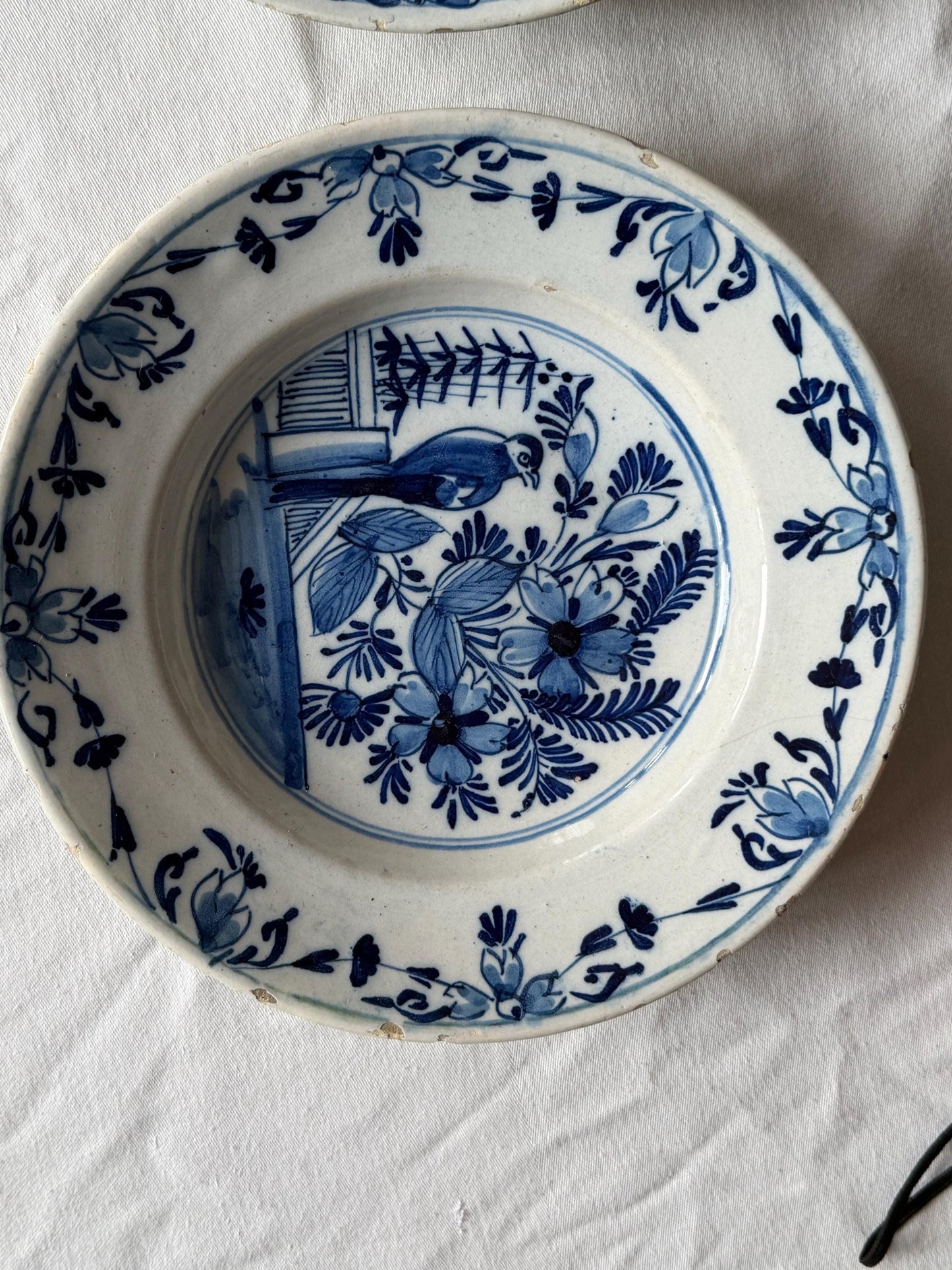 Antique pair of  Delft blue Plates,  dutch pottery,  Handpainted Decor, 18th Century (Set of 2) wallplates birds