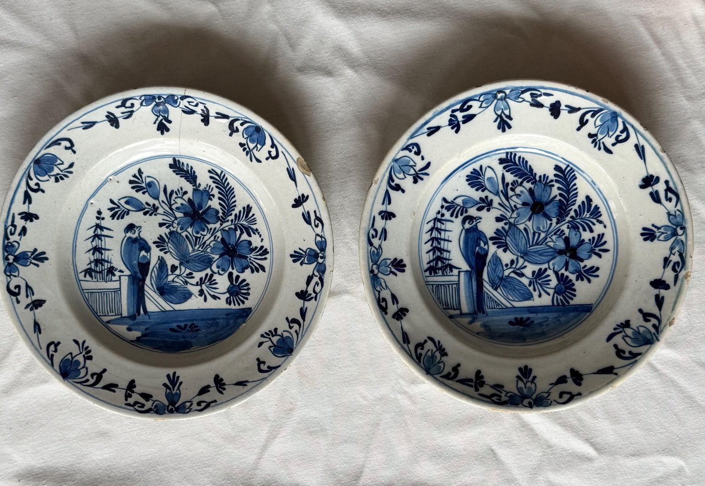 Antique pair of  Delft blue Plates,  dutch pottery,  Handpainted Decor, 18th Century (Set of 2) wallplates birds