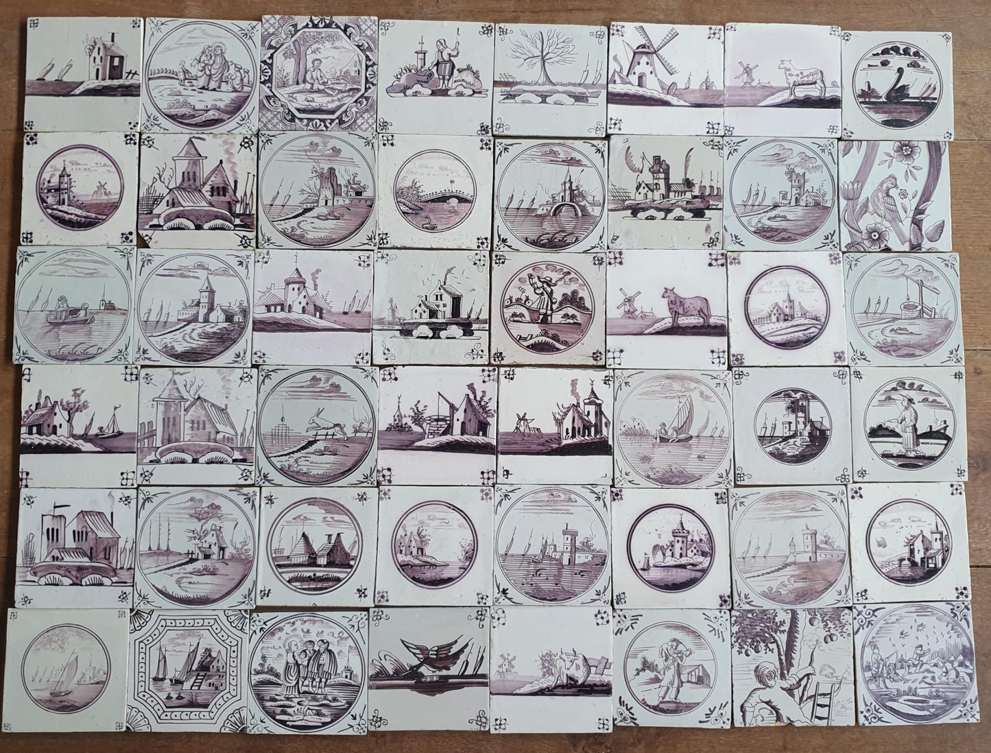 48 x Antique Delft Tiles, 18th Century Dutch  Scene mangaan landscapetile.