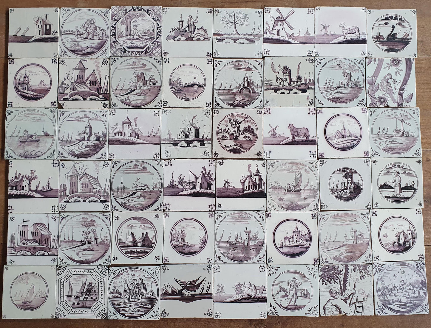 48 x Antique Delft Tiles, 18th Century Dutch  Scene mangaan landscapetile.