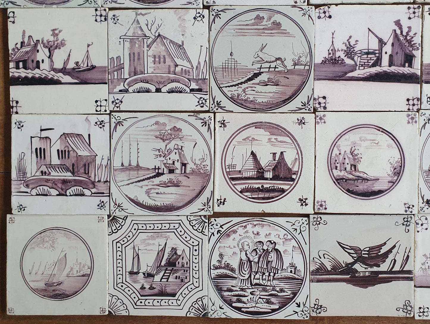 48 x Antique Delft Tiles, 18th Century Dutch  Scene mangaan landscapetile.